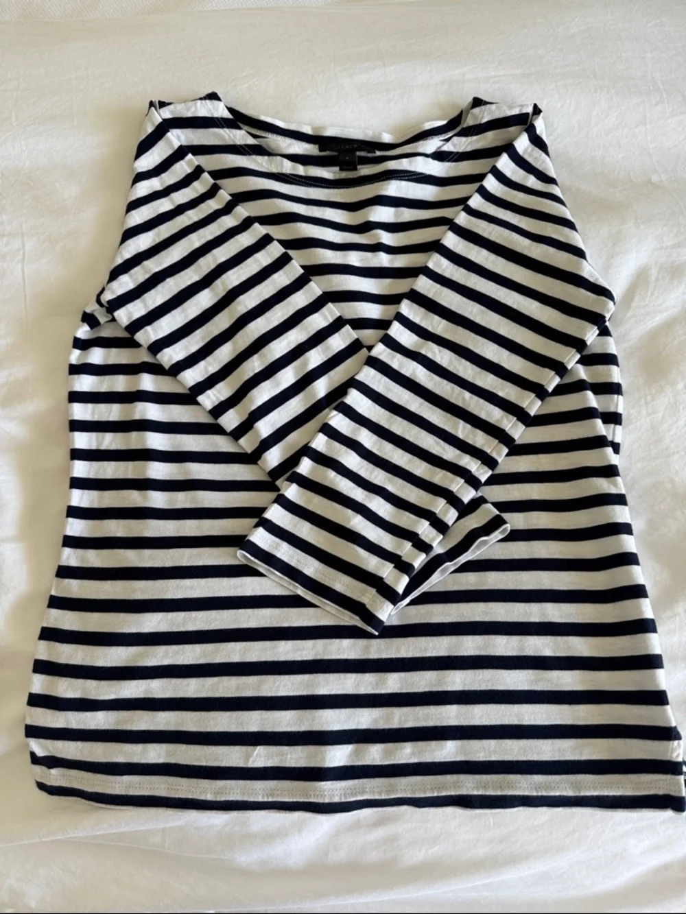 J. Crew Boatneck Navy and White Striped 3/4  Sleeve Tee. 100% Cotton.Never worn!